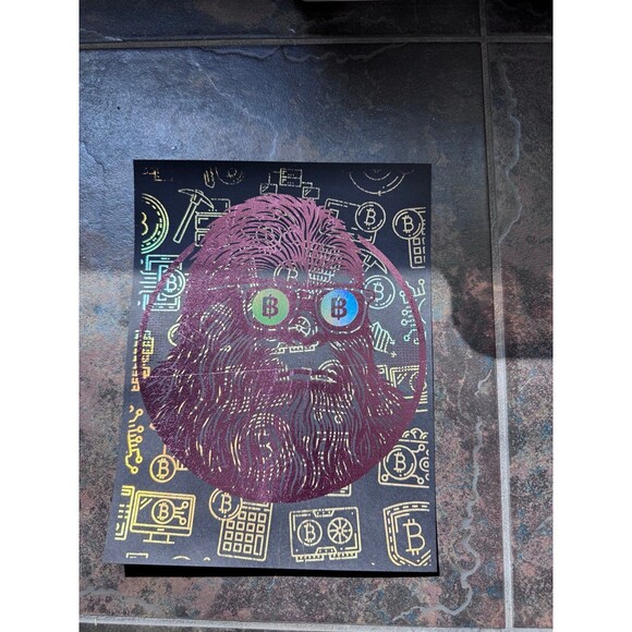 “Crypto Yeti” Bitcoin Visionary Foil Art Print (Plum, Gold & Holographic) - Picture 1 of 2